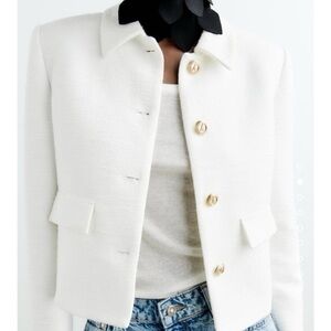 ZARA gold Button white Tweed Blazer Jacket Large